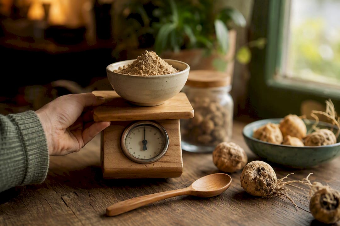 Main mesurant de la poudre de maca noire sur une balance de cuisine