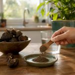 Poudre de maca noire avec racines sur table en bois