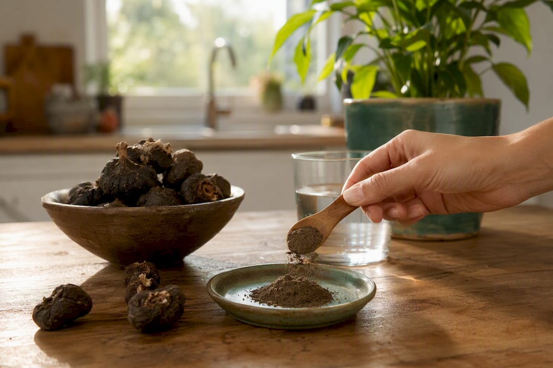 Poudre de maca noire avec racines sur table en bois