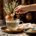 Main remuant de la poudre de maca dans un verre d'eau chaude
