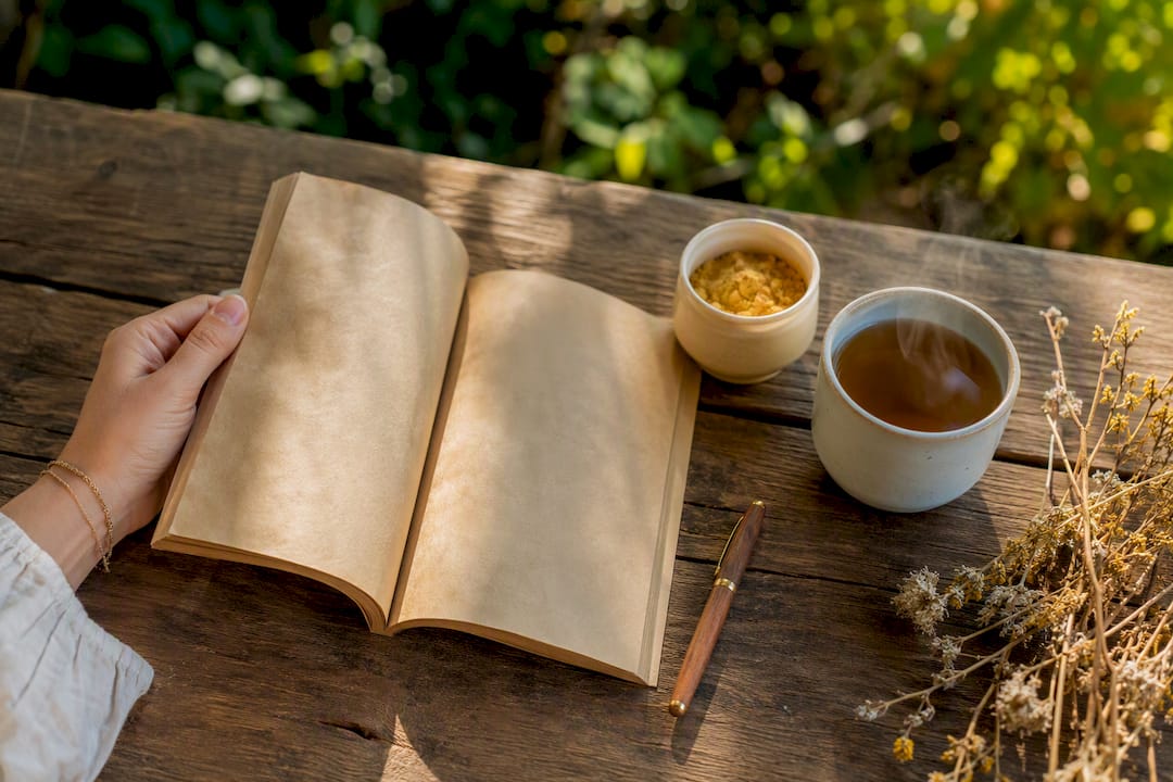 Main tenant un journal de bien-être ouvert sur une table en bois