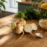 Tranches de racine de maca fraîche et poudre sur bois