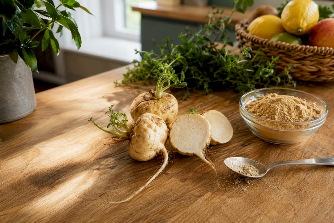 Tranches de racine de maca fraîche et poudre sur bois
