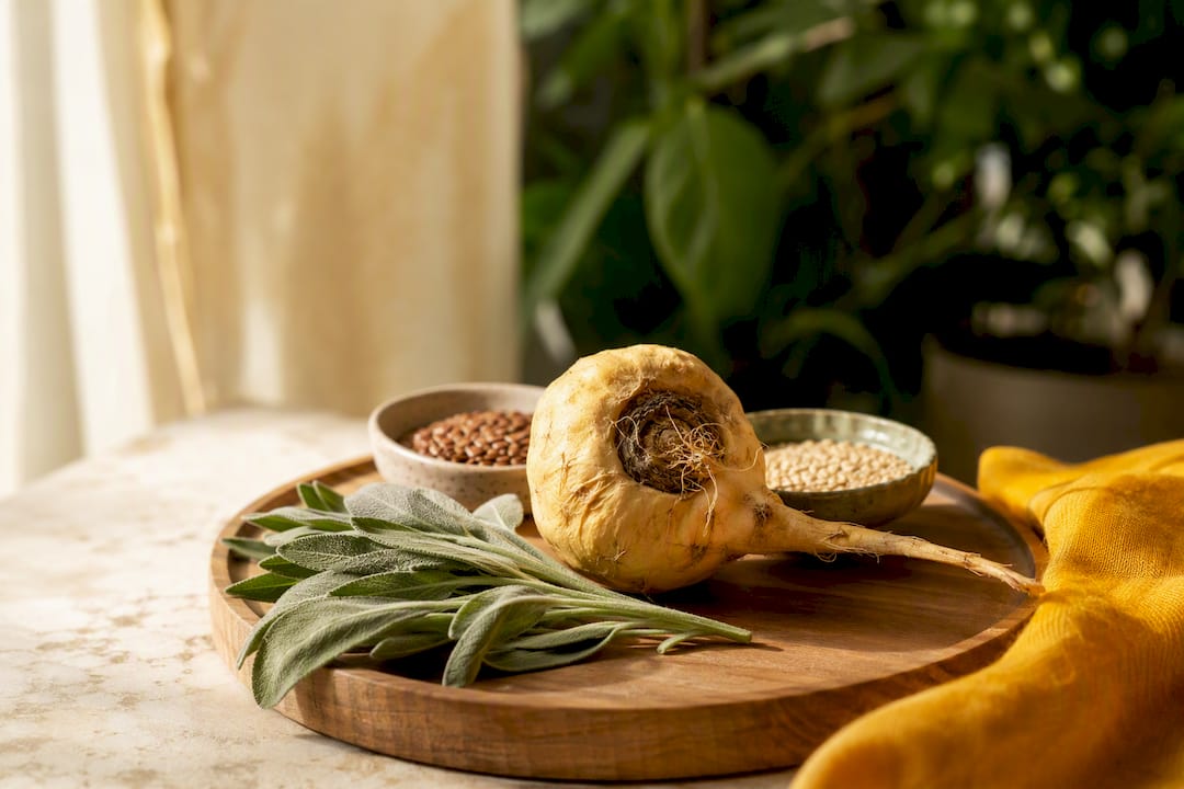 Maca et plantes présentées sur un plateau botanique