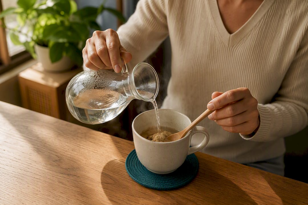 Maca dissoute dans une tasse d'eau chaude
