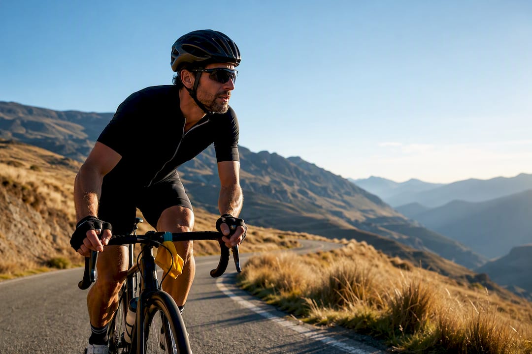 Cycliste gravissant une route dans les Andes