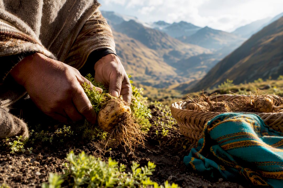Récolte des racines de maca dans les Andes