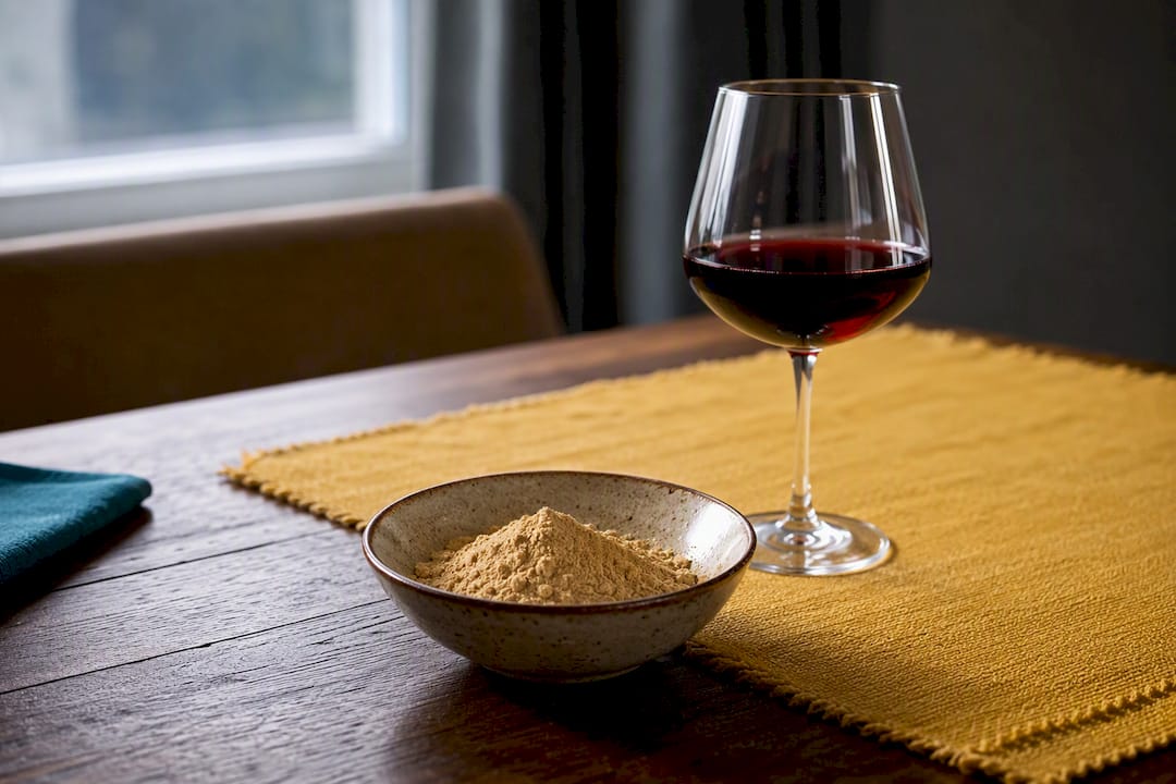 Bol de maca à côté d’un verre de vin