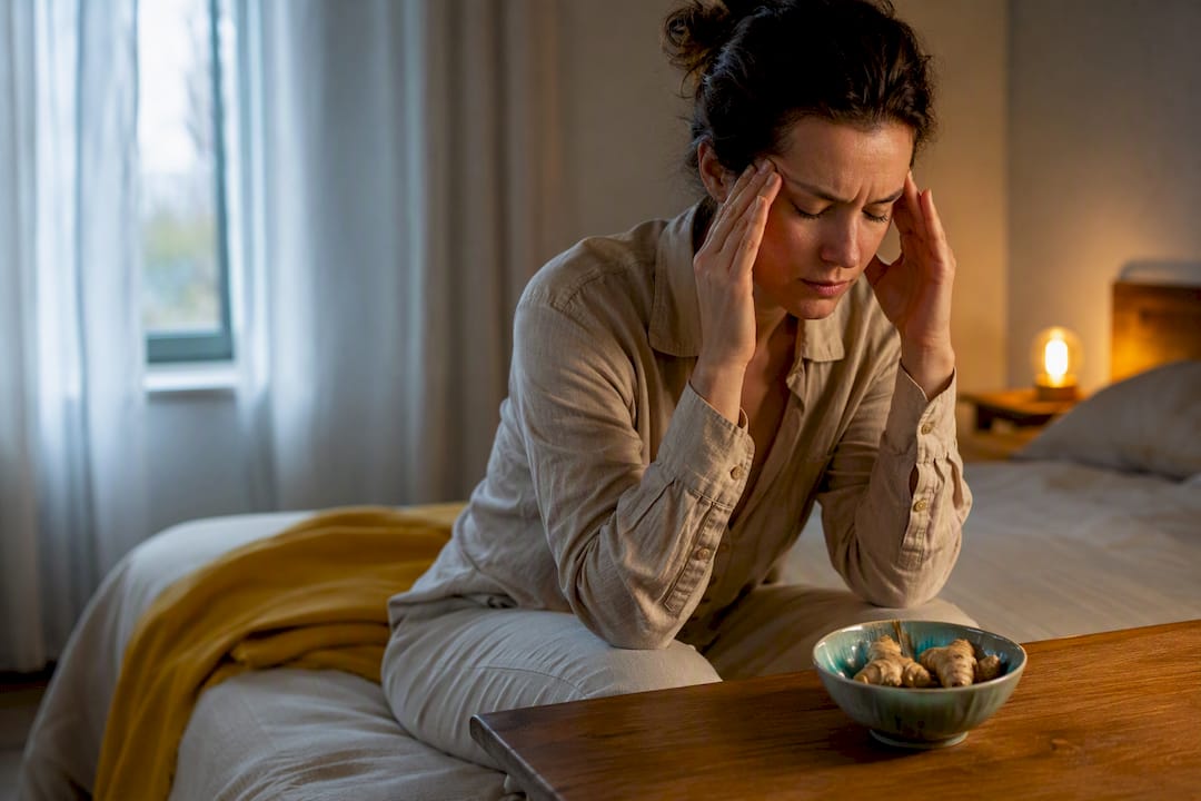 Femme souffrant d'une migraine près de maca