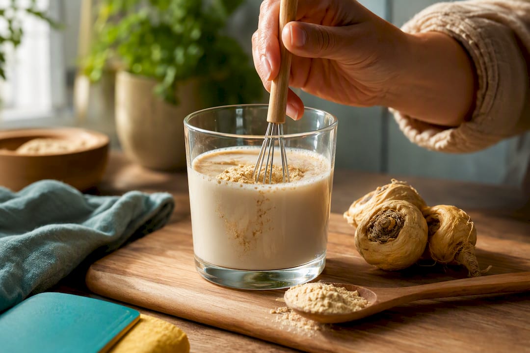 Poudre de maca incorporée dans une boisson