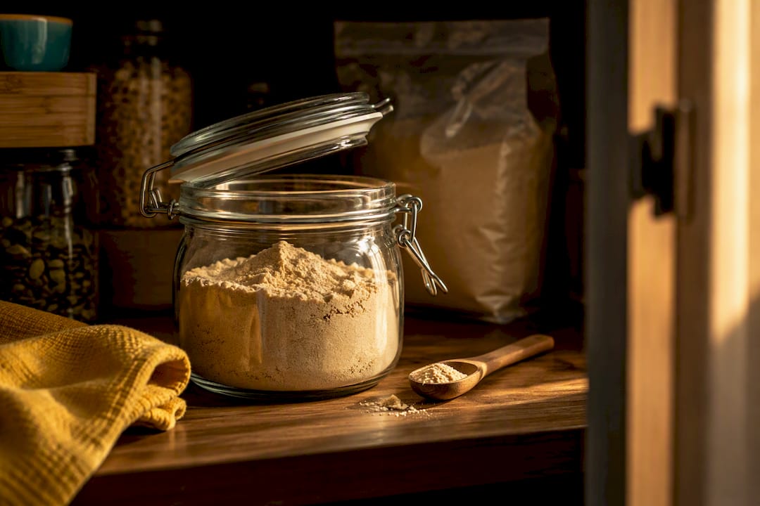 Bocal hermétique de poudre de maca dans un placard