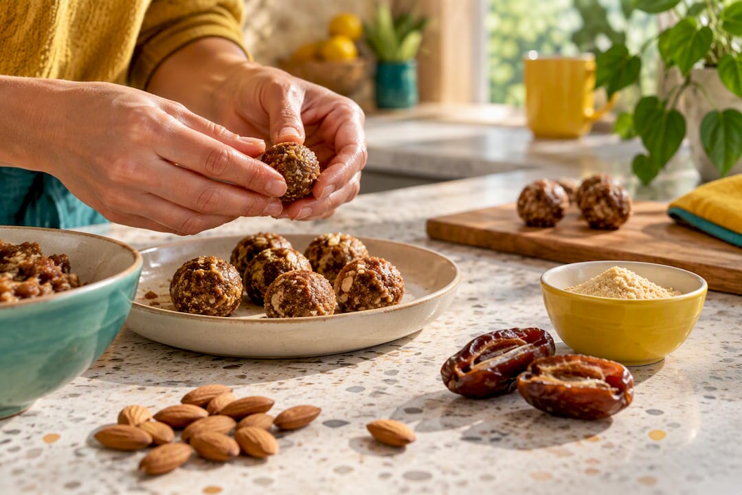 Mains en train de préparer des Energy Balls à la maca