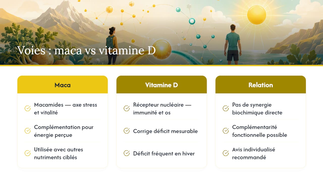 Chemins différents de la maca et de la vitamine D