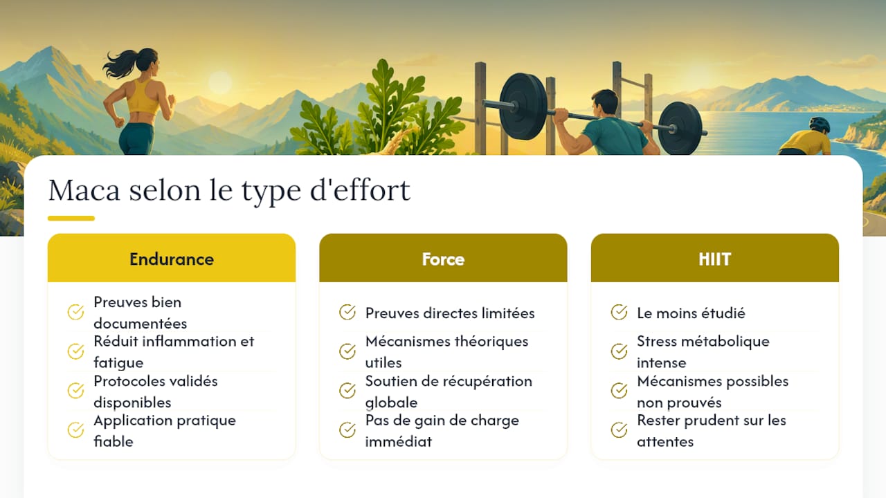 Maca et types d'activité : endurance, force, HIIT, quelles différences ? — overview diagram