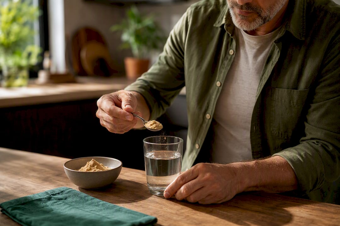 Homme d'âge mûr préparant une dose de maca