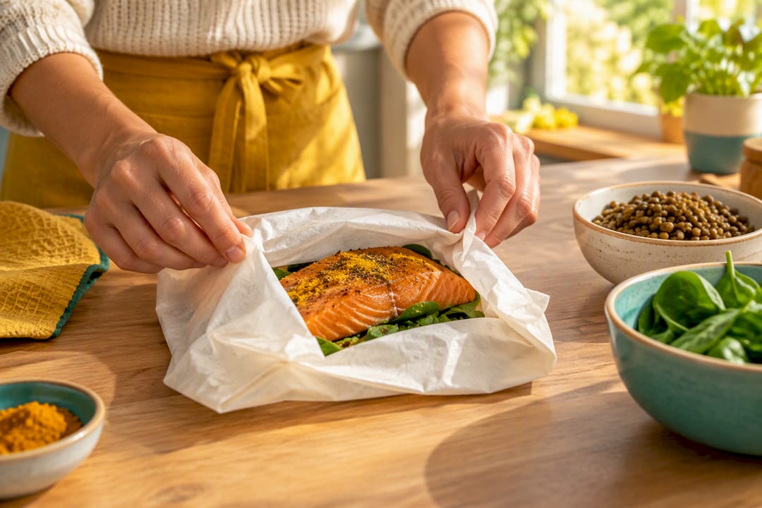 Préparation d'une papillote de saumon aux légumes