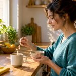 Femme ajoutant de la maca à une boisson