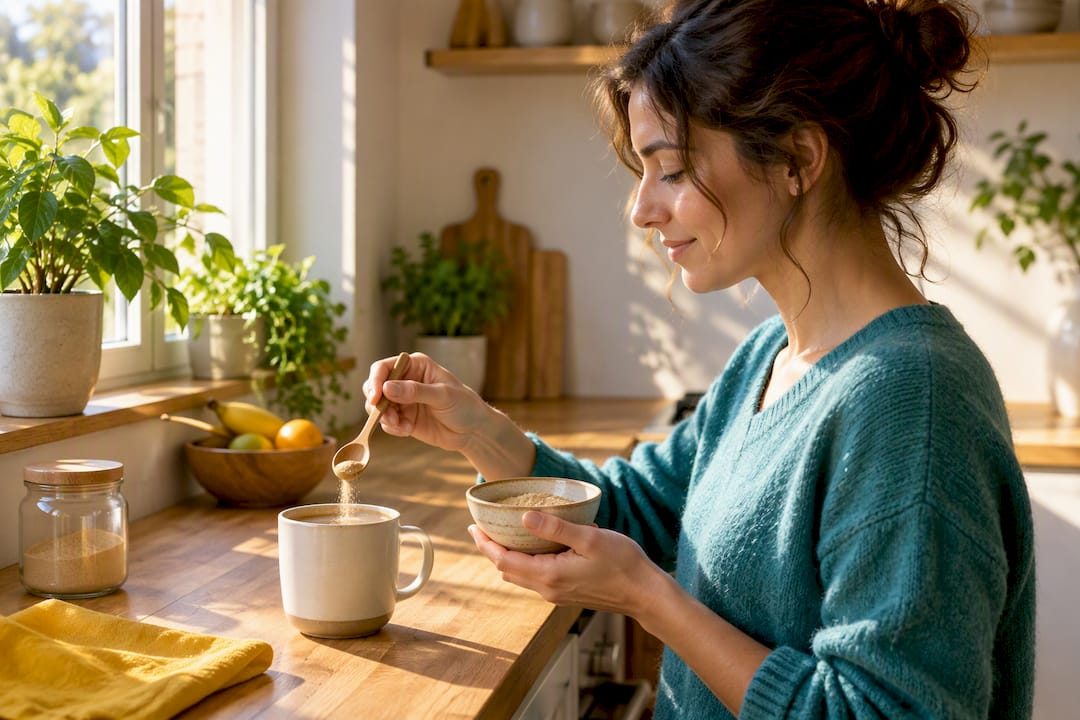Femme ajoutant de la maca à une boisson