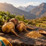 Racines de maca sur une terrasse andine