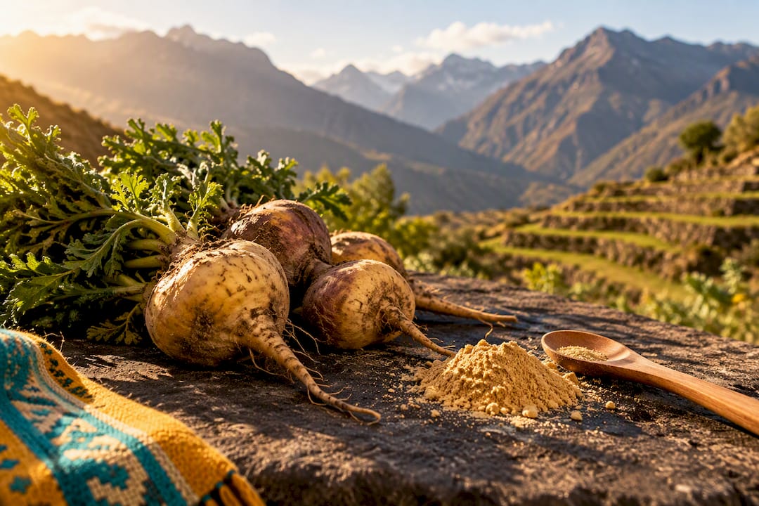 Racines de maca sur une terrasse andine