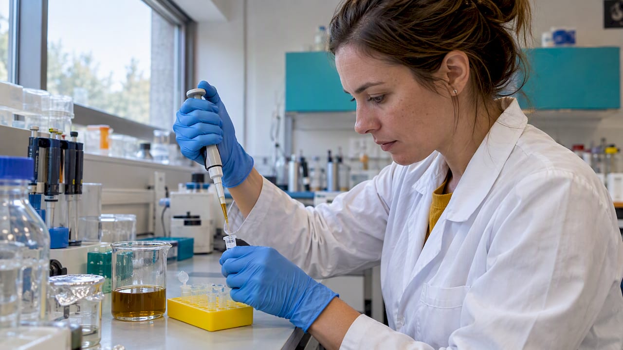 Technicienne qui examine un extrait de maca