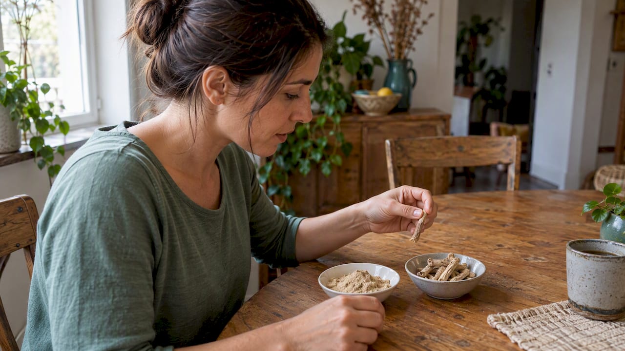 Femme comparant la maca et les racines d’ashwagandha