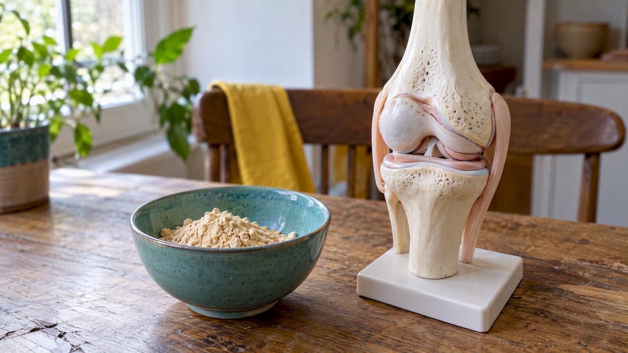 Poudre de maca à côté d'un modèle de genou