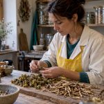 Mains tenant de la rhodiola et des racines d’ashwagandha pour comparaison