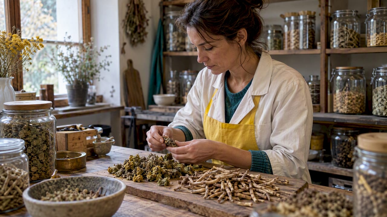 Mains tenant de la rhodiola et des racines d’ashwagandha pour comparaison