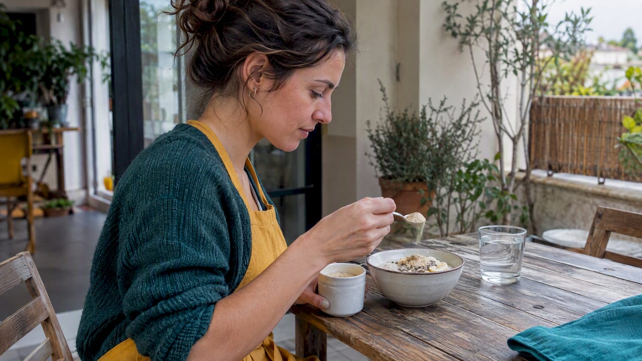 Une personne ajoute de la maca à son porridge.