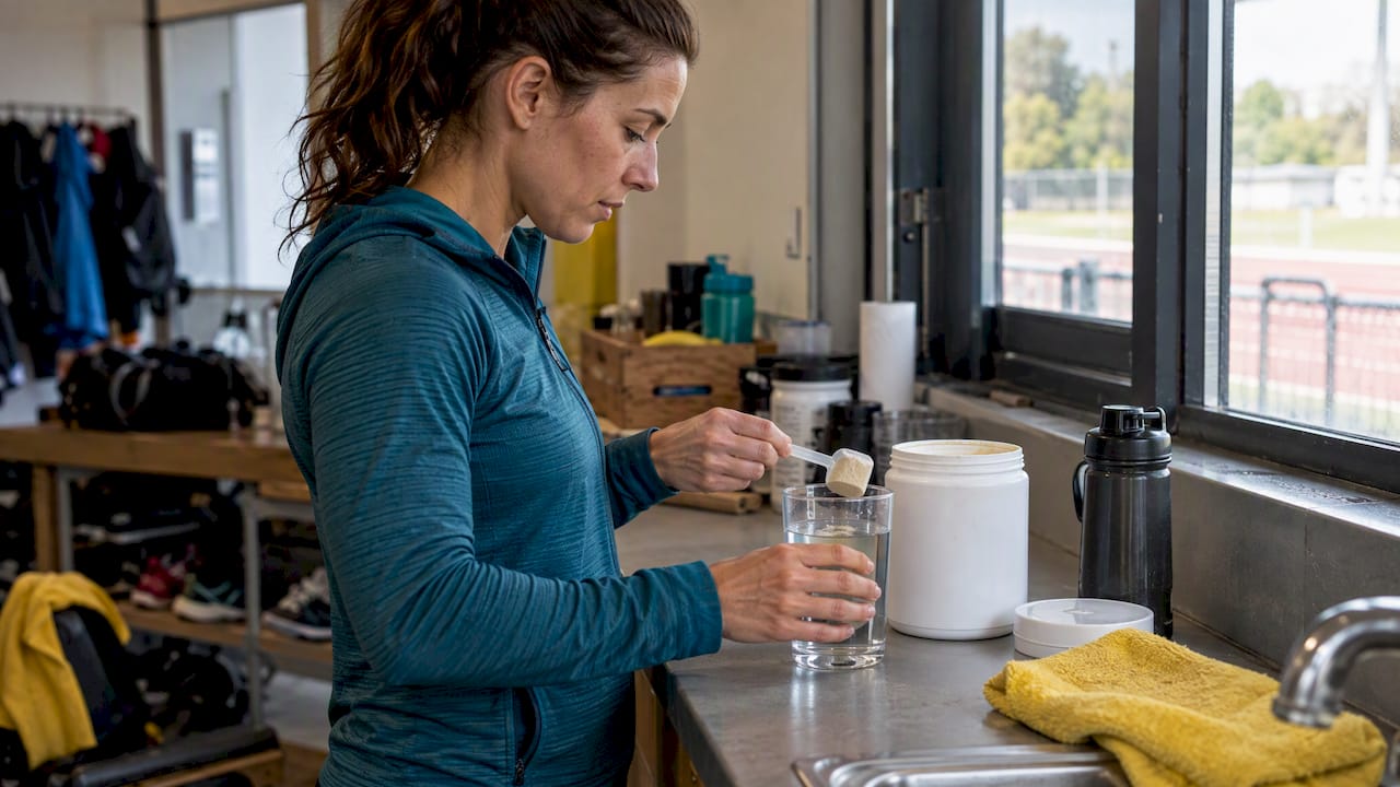 Une coureuse prépare un supplément avant sa séance d'entraînement