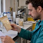 Technicien inspectant un lot de maca