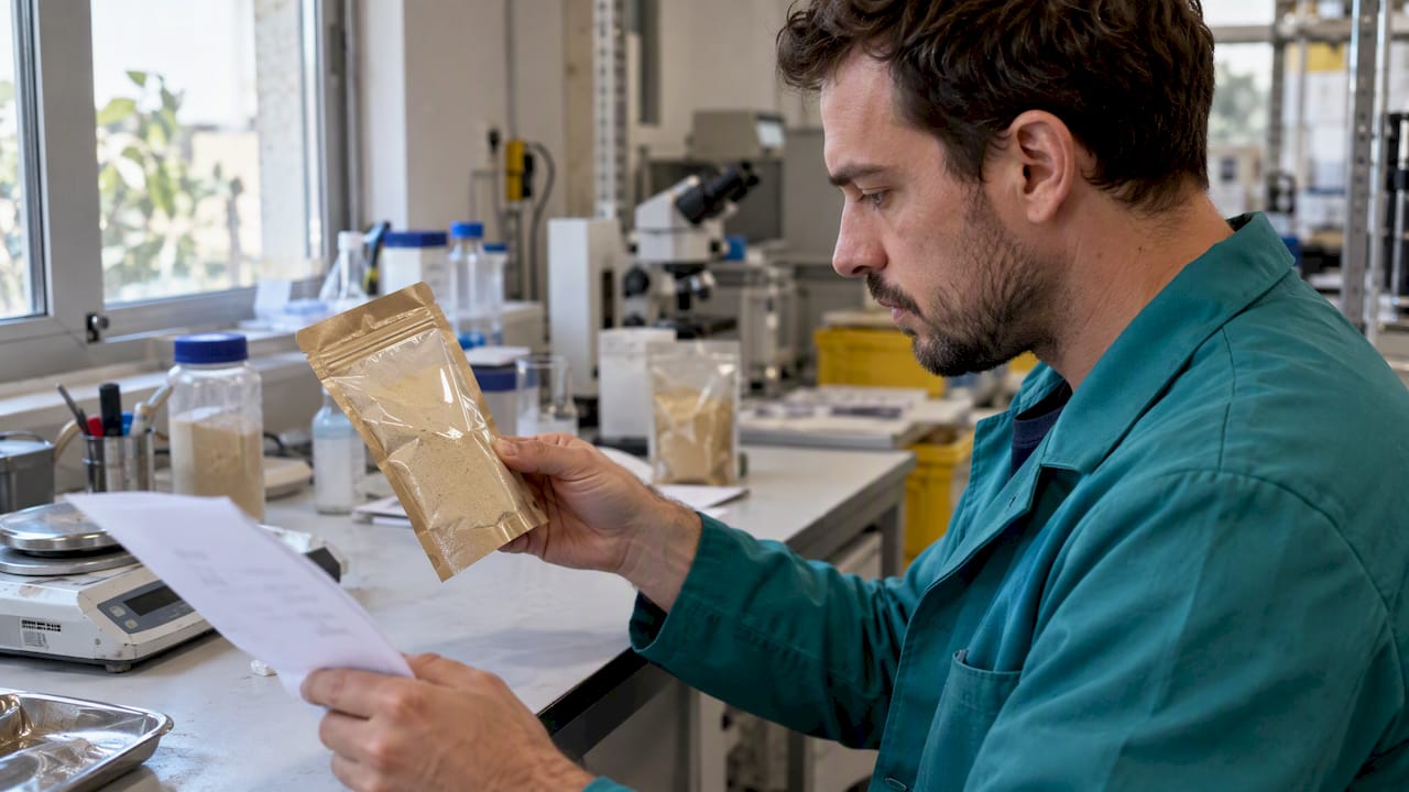 Technicien inspectant un lot de maca