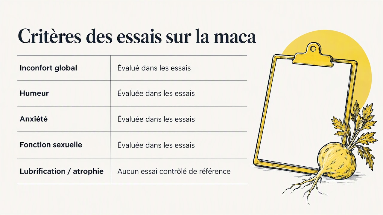 Critères étudiés et non étudiés dans les essais sur la maca