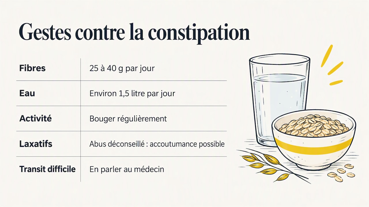 Fibres, hydratation et mouvement contre constipation