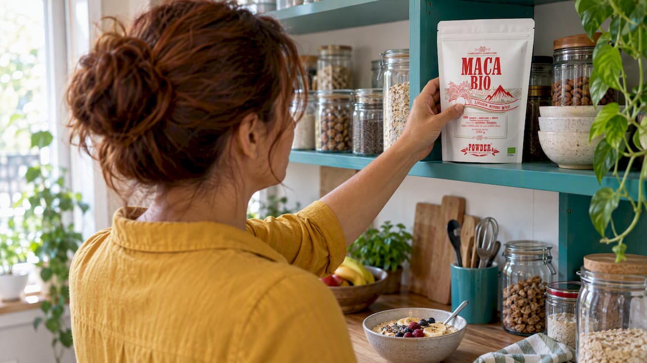 Femme sélectionnant de la poudre de maca