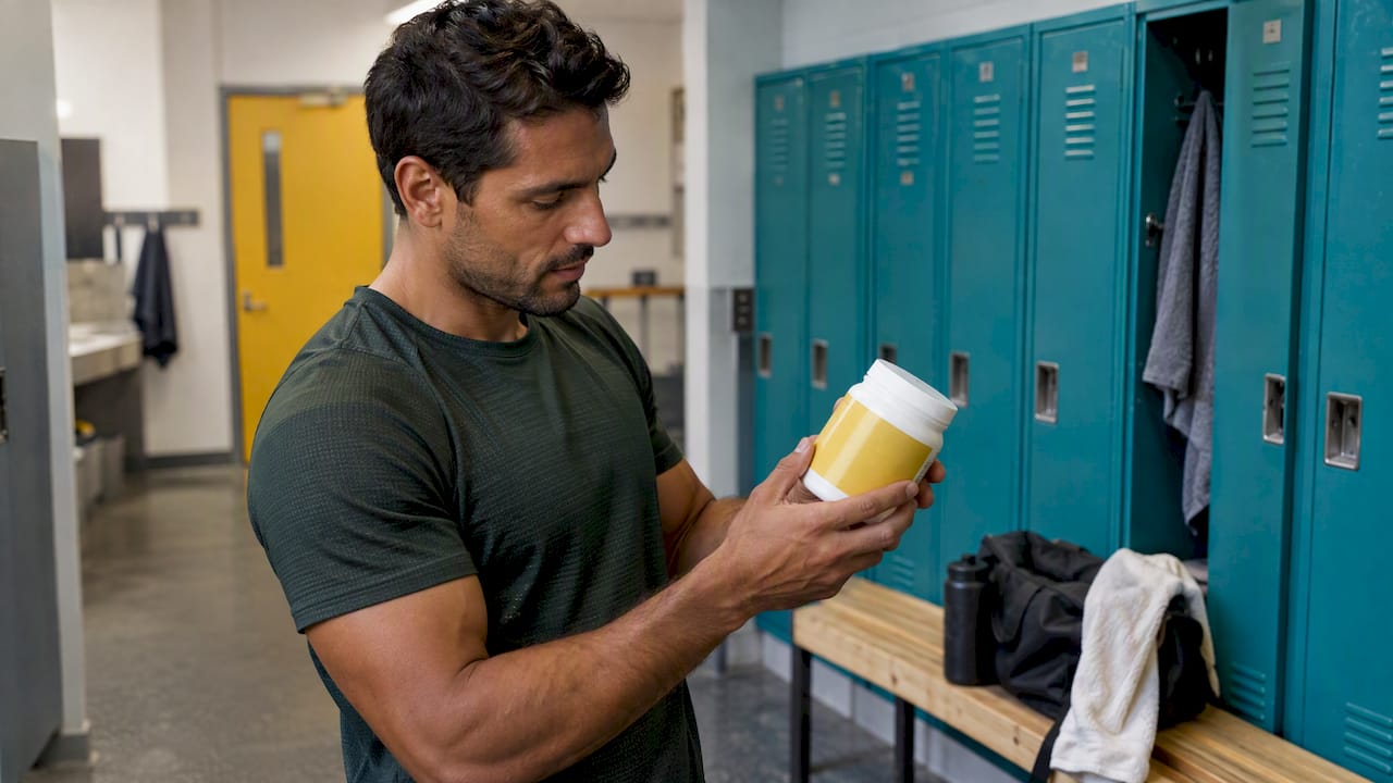 Un sportif vérifiant un pot de supplément à la maca